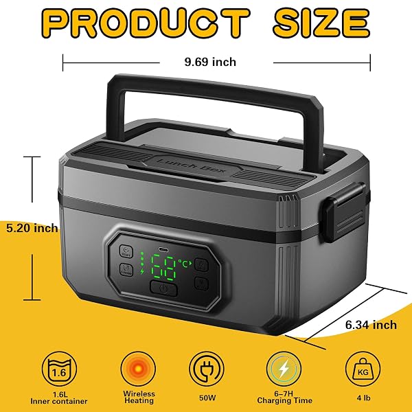 SWINGERS CORDLESS HEATED LUNCH BOX, 24000MAH SELF HEATING LUNCHBOX BATTERY POWERED, 1.6L PORTABLE ELECTRIC LUNCH BOX FOR ADULTS, WORK AND TRAVEL USE (BLACK)