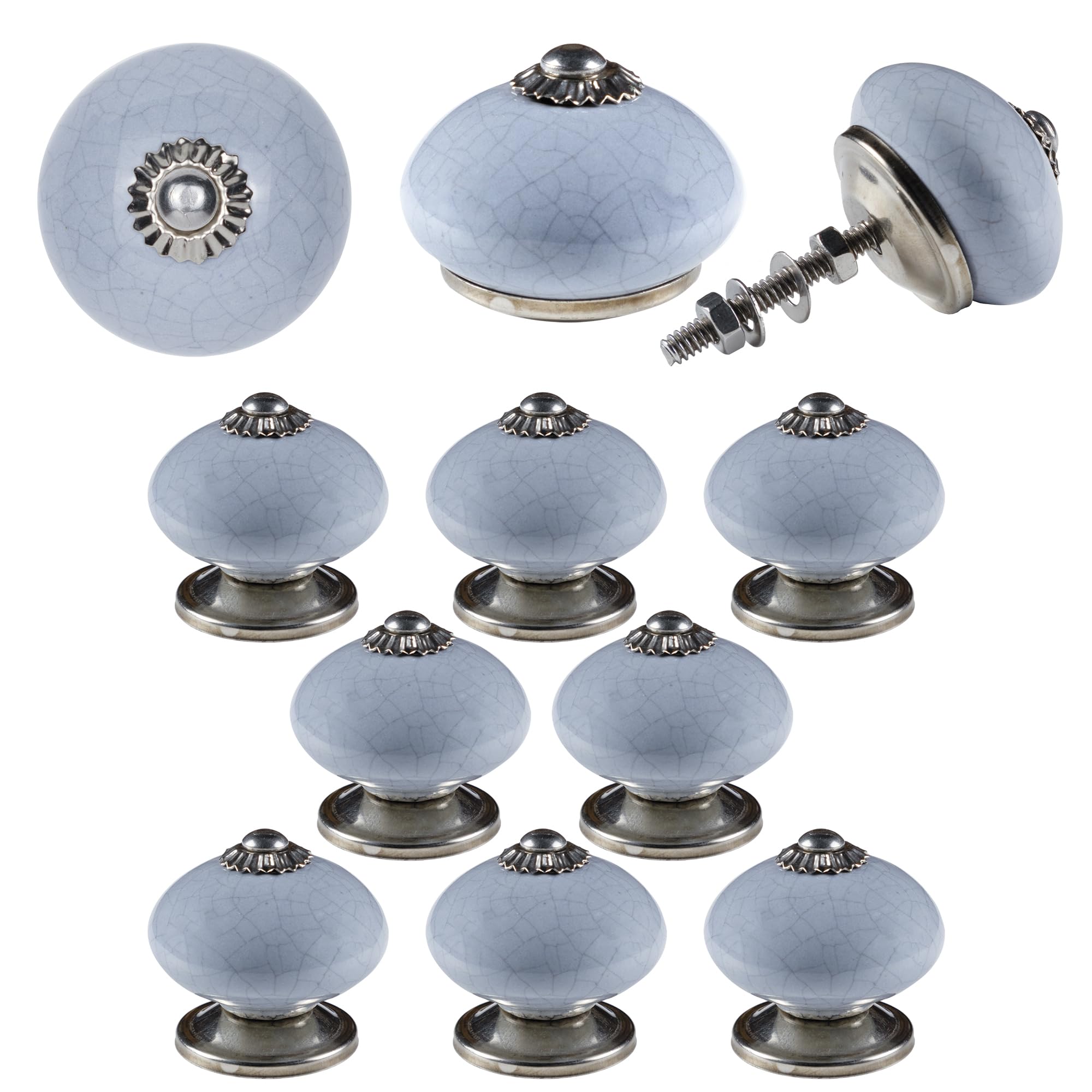 ETHNICITI Pack of 8 Round Grey Crackle 40mm Ceramic Door Knobs Vintage Shabby Chic, Wardrobe Cabinet Cupboard Drawer Interior Furniture Pulls Handles Bedroom Dresser Lounge Kitchen