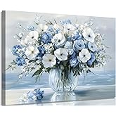 1Pcs Vintage Flowers Canvas Wall Art Blue Beach Pictures Blossom Bathroom Wall Decor Modern Blue Ocean Background Artwork Prints Hanging in Office Dining Room Kitchen Bedroom12X16in Frame (Blue Art, 12x16in, Framed)