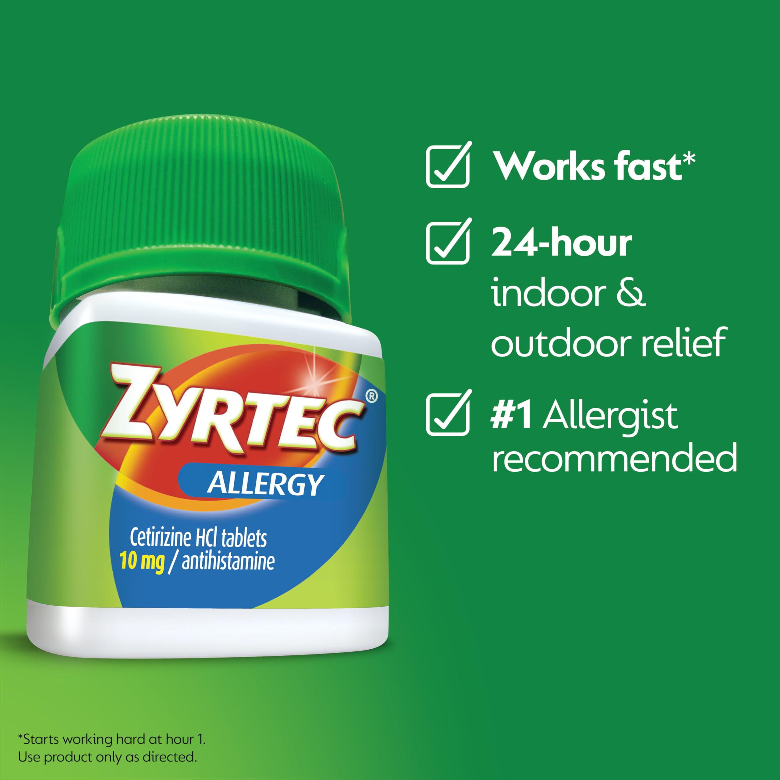 Zyrtec 24 Hour Allergy Relief Tablets, 10 mg Cetirizine HCl Antihistamine Allergy Medicine, 45 ct