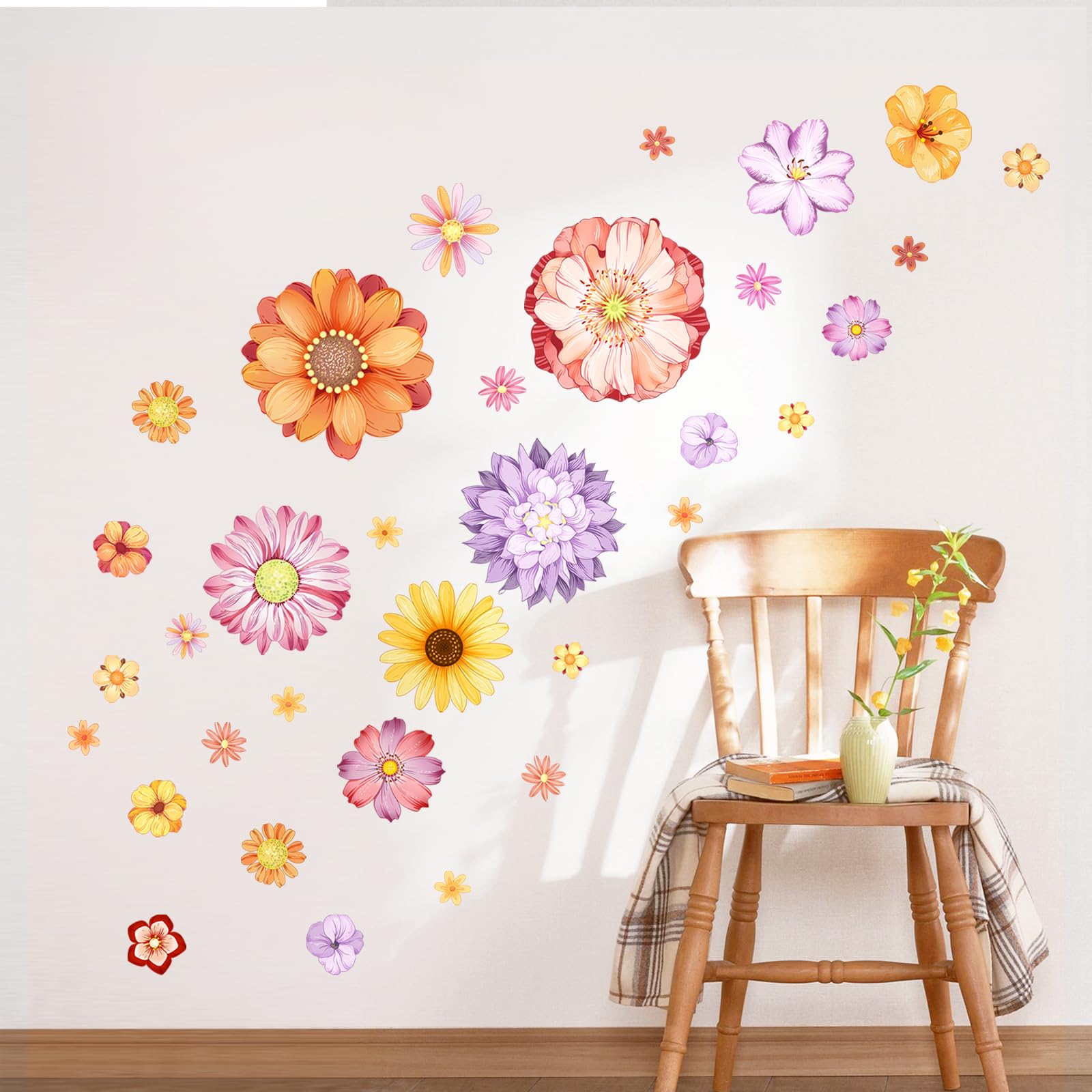 Large Daisy Flower Wall Stickers Orange Purple Floral Wall Decals Peel and Stick Wall Art Decor for Bedroom Living Room Kitchen Sofa TV Backdrop Wall Decoration