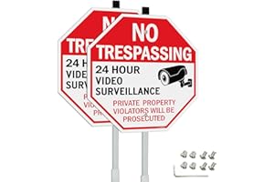 GicnKeuz Large Video Surveillance Sign, No Trespassing Signs Private Property Sign with 36" Metal Stakes, 12"x12" Aluminum Signs,Fade Resistant/Waterproof, Including Screws, Easy to Install, Outdoor