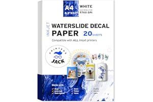 Printers Jack Water Slide Decal Paper Inkjet WHITE 20 Sheets A4 Size Premium Water-Slide Transfer Paper Printable Water Slide Decals for Tumblers, Mugs, Glasses DIY