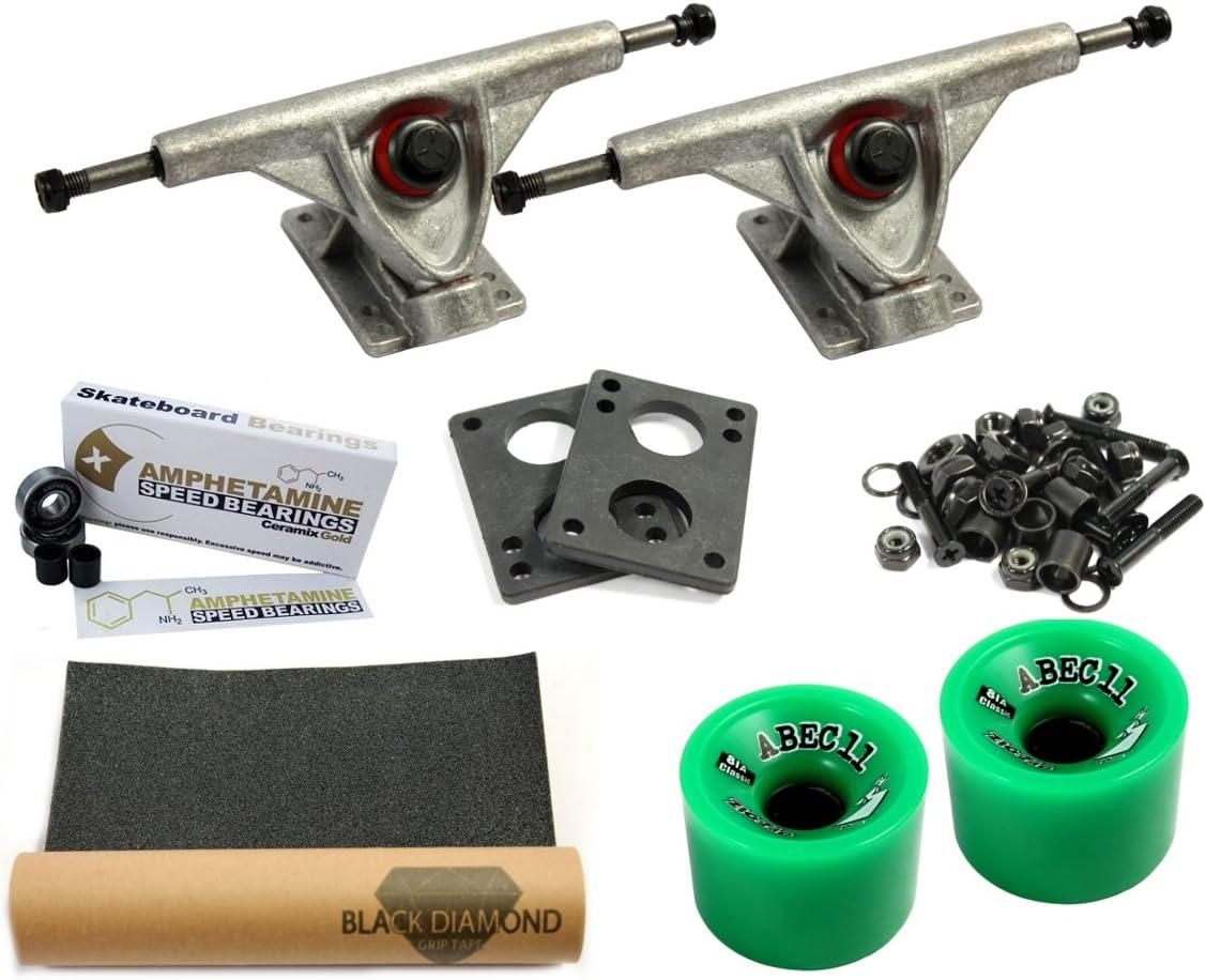 'Pro Truck Set | Amok Longboard Trucks 7 180 mm | Amphetamine Ceramics Gold Ball Bearings Wheels | including tools & Grip Tape (Silver)