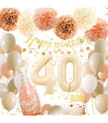 Déco Anniversaire 40 Ans Femme - Ballons Beige Or + Bannière + Nappe - Kit Complet Bohème