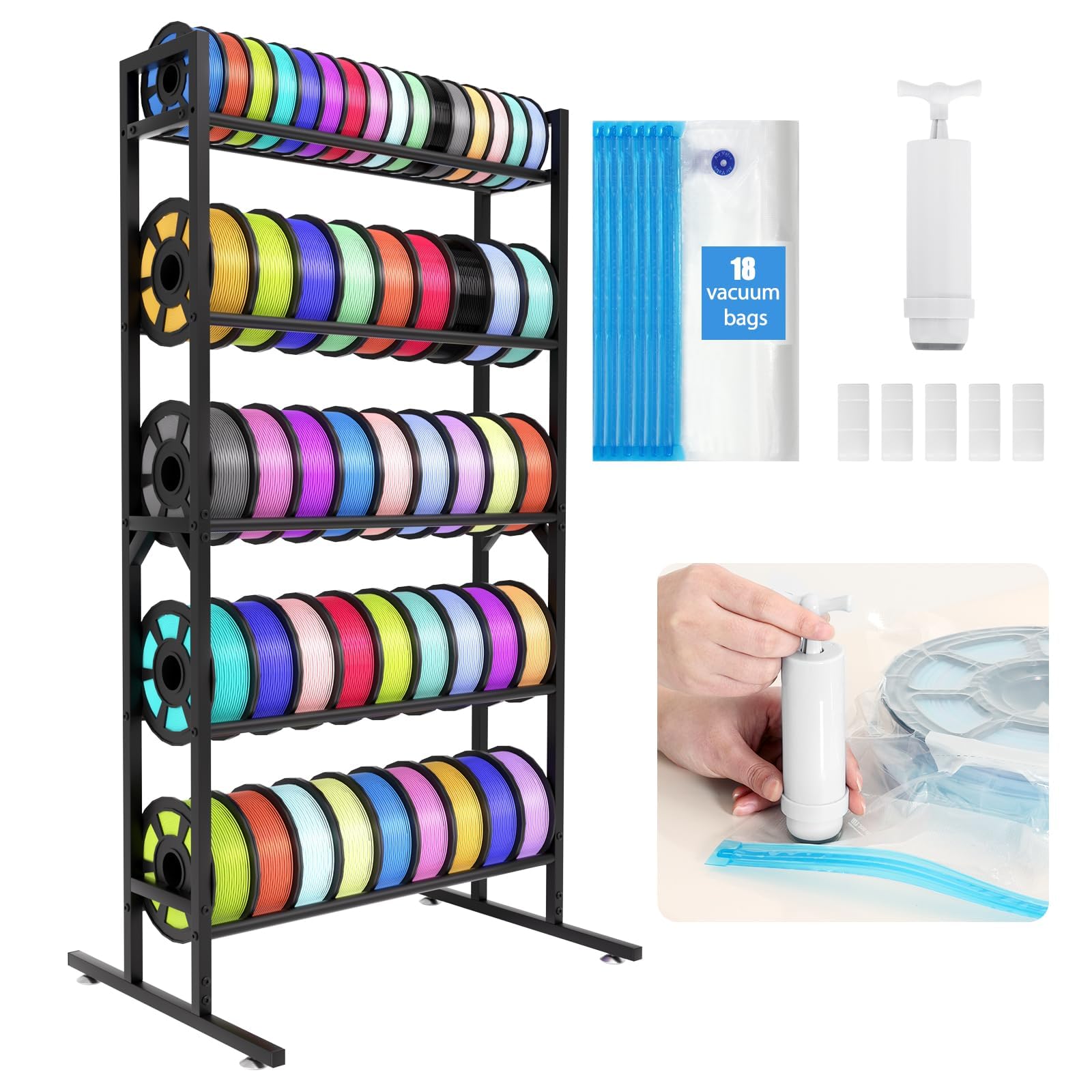 Photo 1 of LUCKUP 3D Printer Filament Storage Rack Stand w/Vacuum Bags &Pump, 5-Tier Large Capacity Filament Organizer for PLA/ABS/TPU/Nylon, Heavy Duty Metal Filaments Spool Shelf for Studio, Office, Workshop
