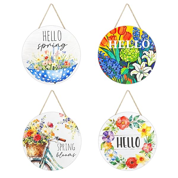 4 PCS HELLO SPRING DECORATIONS FOR HOME, COLORFUL FLOWERS WOODEN HANGING SPRING DOOR SIGN, WELCOME FLORAL LANDSCAPE WALL ART HANGER FOR FRONT DOOR DECORATION, 11.81″X11.81″ PROCH WREATH DECOR