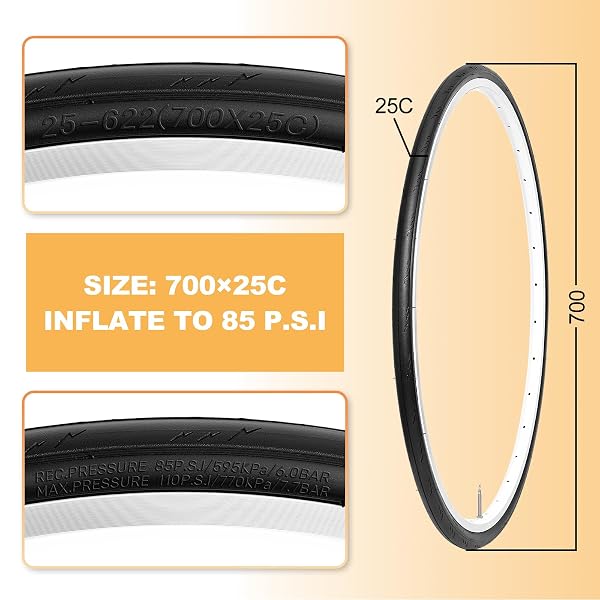 HYCLINE ROAD BIKE TIRES SET: 2-PACK 700X25C(25-622) FOLDING REPLACEMENT PUNCTURE-RESISTANT BICYCLE TIRES AND 2 PCS 700X25-28C INNER TUBES PRESTA VALVE WITH TIRE LEVERS FOR CITY COMMUTER ROAD