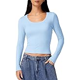 QINSEN Women's Crew Neck Long Sleeve Crop Top Double Lined Slim Fit Y2k T Shirts
