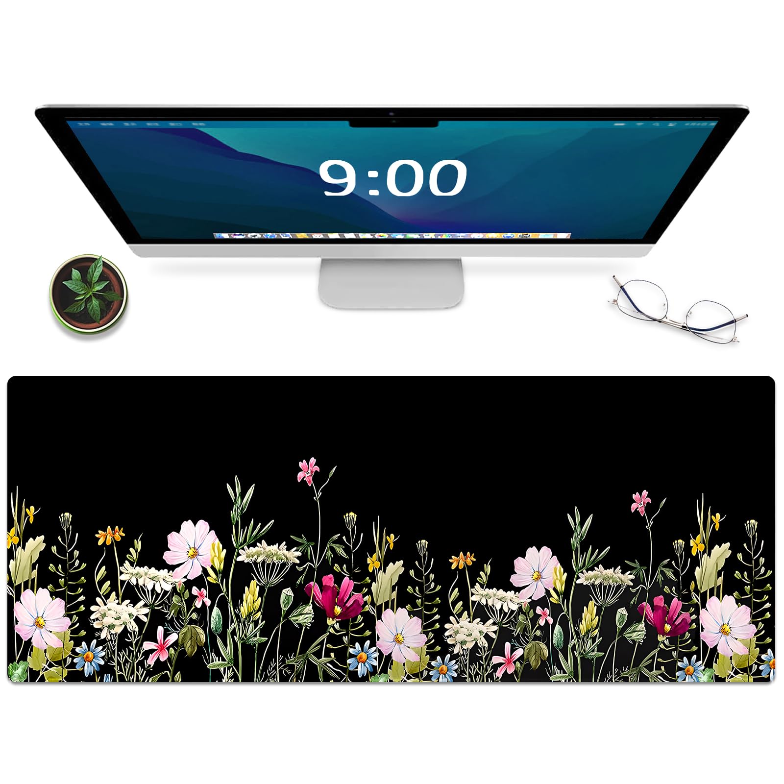 Gaming Mouse Mat Forest Background Pattern XXL XL Large Mouse Mat Long Extended Mouse Pad Desk Mat Non-Slip Rubber Mice Pads Stitched Edges Thin Pad (Floral)