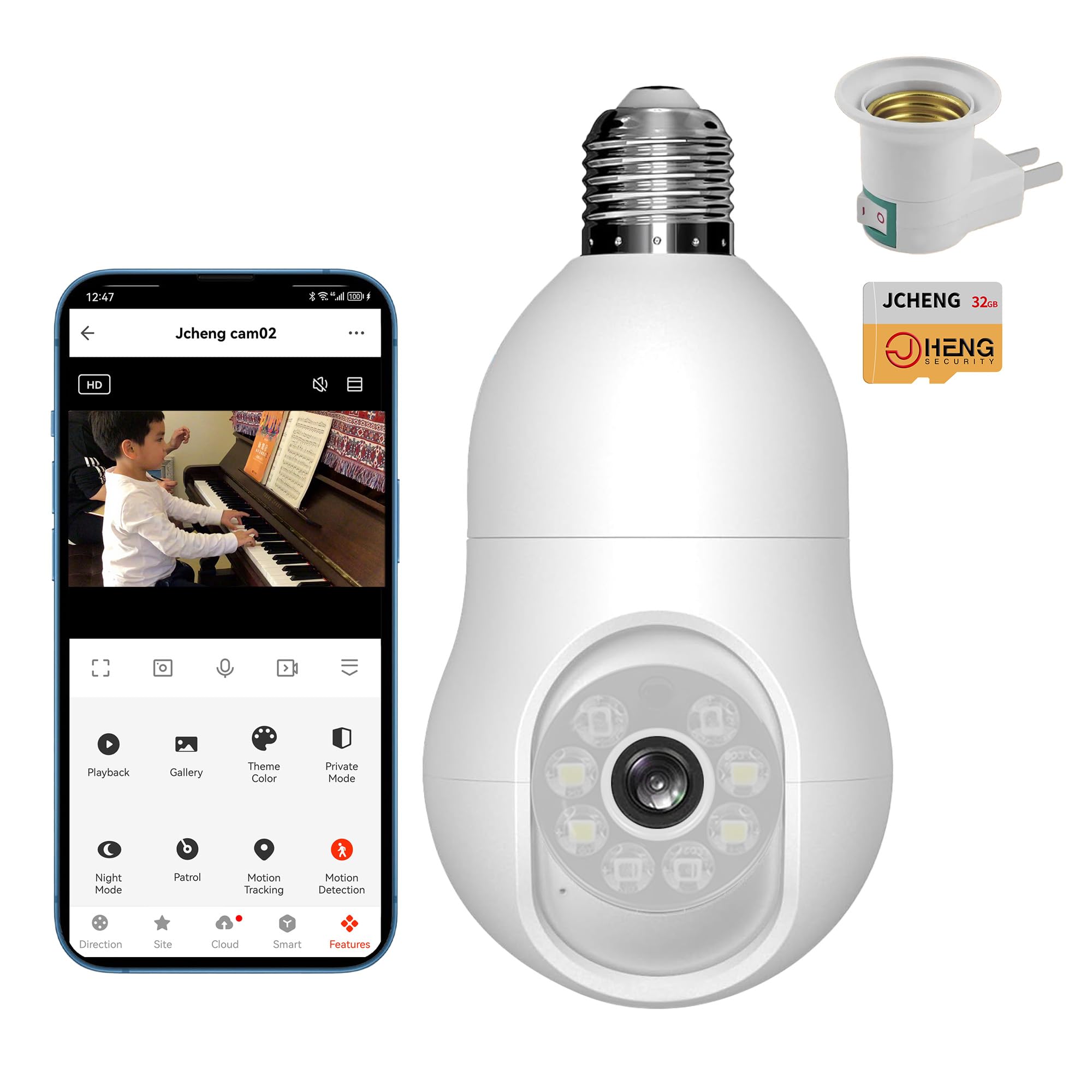 JCHENG Light Bulb Security Camera, 4MP Home Security, Compatible Alexa/Google Assistant/Alarm System Indoor