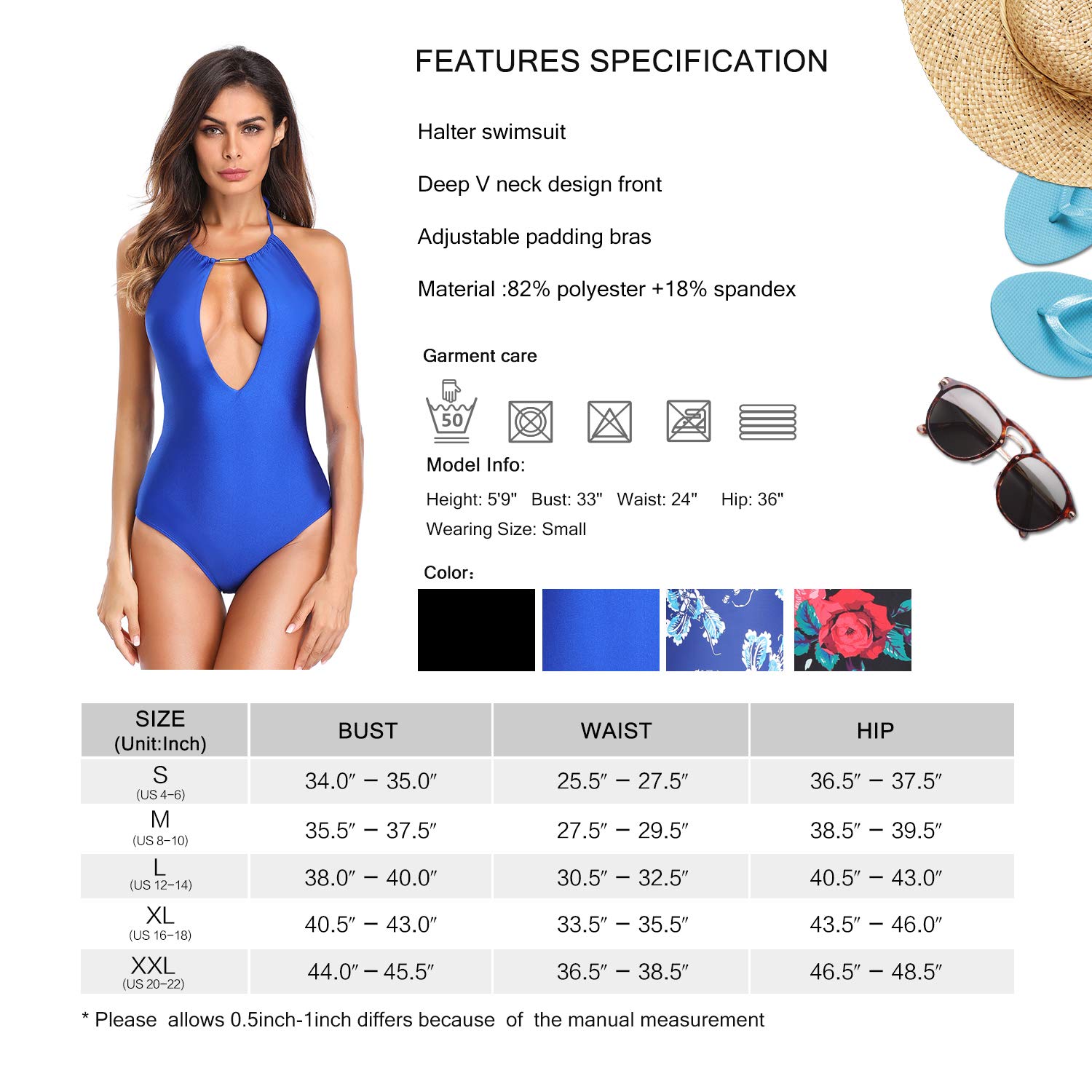 MarinaVida Women One Piece Swimsuit Halter Deep V Neck Bathing Suit