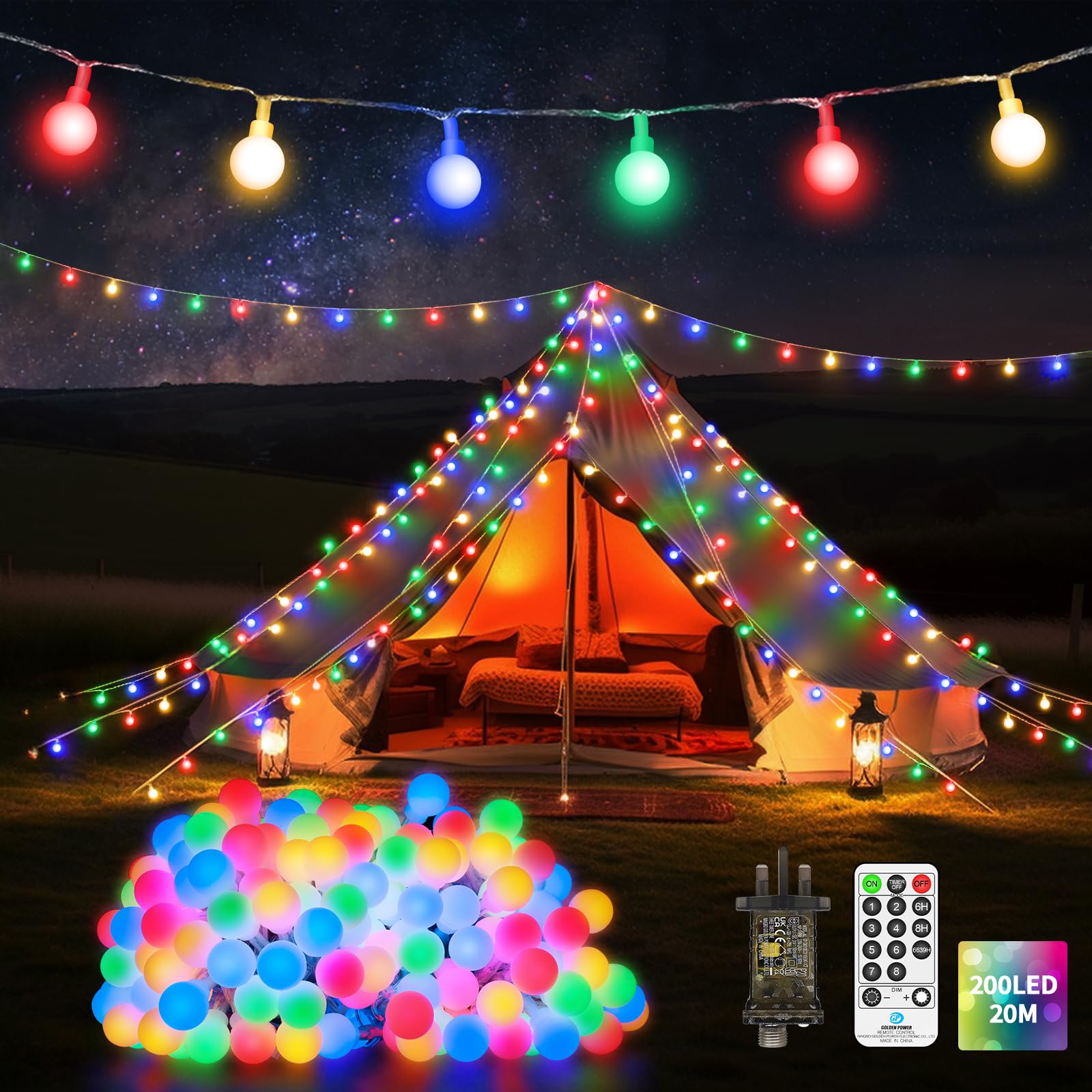 20M 200 LED Fairy Lights Outdoor Plug In Globe String Lights Waterproof Christmas Lights with Remote Timer 8 Modes for Outside Garden Camping Indoor Bedroom Patio Party Decorations Multicolor — image 1