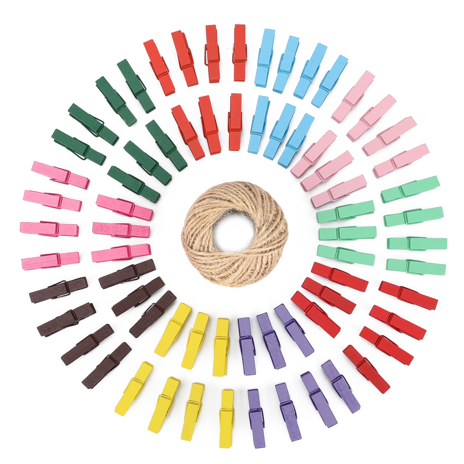 G2PLUS 100 x Coloured Wooden Clothes Pegs, Wooden Photo Clips with 30 m Jute Twine Spool for Clothing, Photos, Hobbies