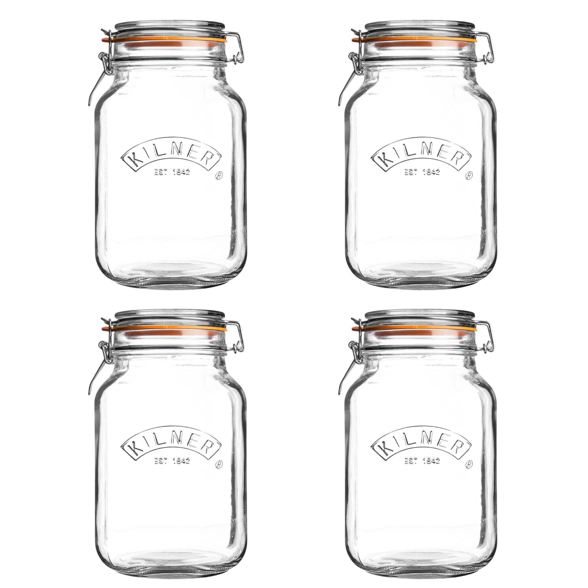 Kilner Square Clip Top Jar Set of 4, 1.5 Litre (1500ml) Airtight Glass Jars for Preserving Pickling and Pantry Storage BPA-Free Durable