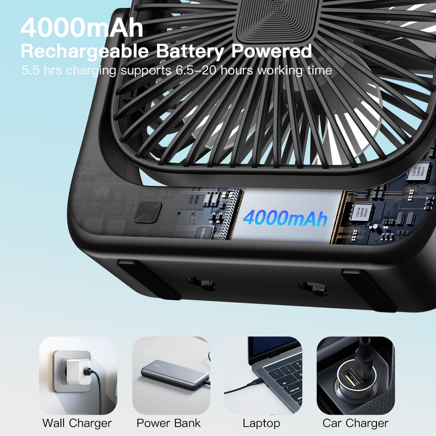 OLV Desk Fan 4 Speeds Stronger Cooling Airflow Portable Small Fan Rechargeable Ultra Quiet Personal Mini Fan for Office,Bedroom,Home Kitchen Outdoor Activities Adjustable 360° Tilt Head Black