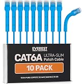 Everest Ultra Slim Cat6a Ethernet Patch Cables 6ft (10-Pack) Blue | Bendable, Thin and Flexible Patch Cord - 10 GbE support - Pure bare copper wires