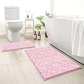 HOMEIDEAS Bathroom Rugs Sets 2 Piece, Extra Soft Shaggy Absorbent Non Slip Machine Washable Grid Bath Mat for Floor, Tub and Shower (Light Pink)