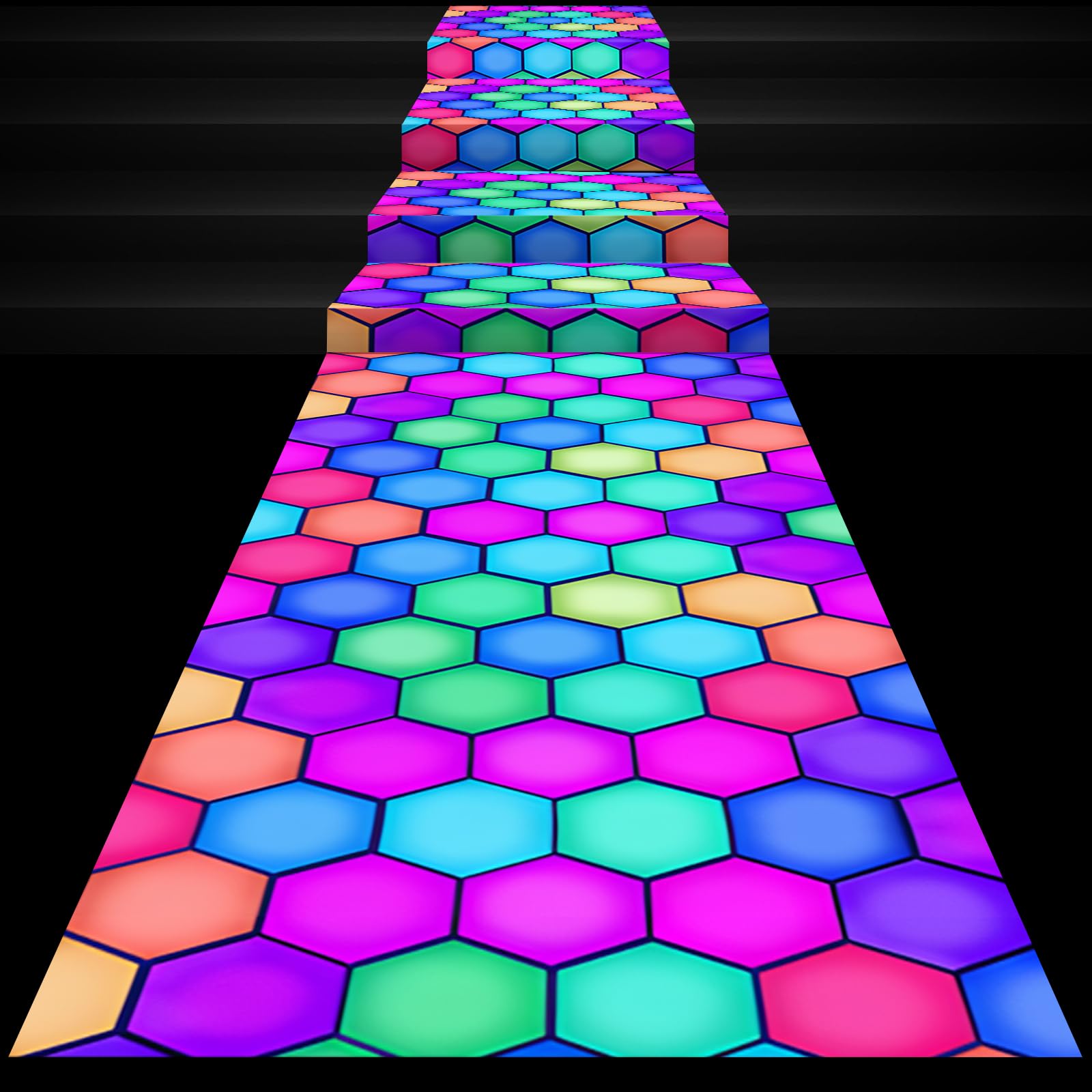 Photo 1 of Haull 138 x 59 Inch Neon Light up Dance Floor Neon Party Decorations Blacklight Rug Glow in The Dark UV Reactive Fluorescent for Carnival Birthday Wedding Party Favors (Pentagon)
