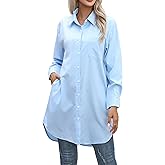 jinghuiyue Women's Casual Button Down Shirts Long Sleeve Oversize Blouse Loose Shirt Dress with Side Pockets