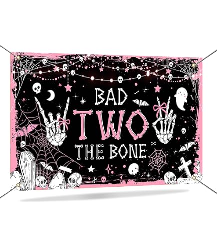 Mocsicka Halloween Banner 'Bad Two The Bone' – Skelett-Hintergrund Für 2. Geburtstag, 180x110 Cm, Aus Polyester