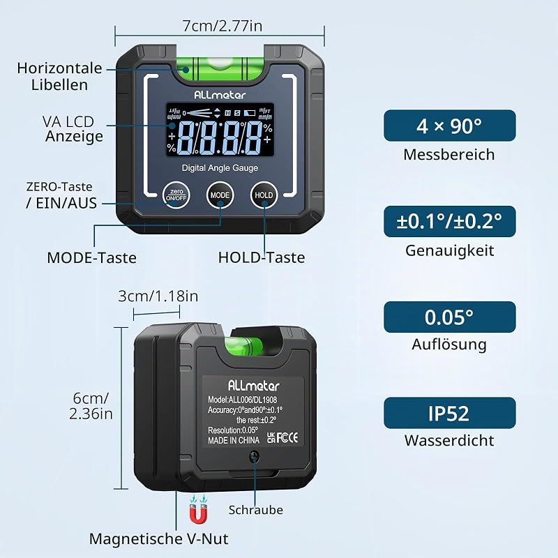 Digitaler Winkelmesser magnetisch 360°, 0,05°, VA-LCD