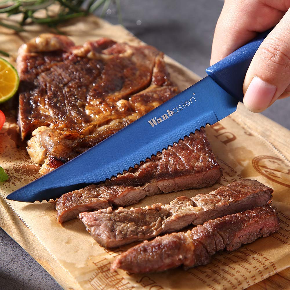 Wanbasion Blue 8Piece Steak Knife Set Dishwasher Safe, Steak Knife Set