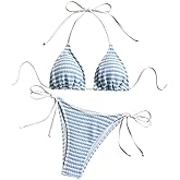 Verdusa Women's 2 Piece Striped Bikini Set Halter Triangle Swimsuit Cheeky String Bathing Suit