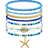 SKYFUN Beach Bracelets for Women Bohemian Stackable Heishi Surfer Bracelet Set Elastic Seashell Starfish Boho Friendship Bracelets for Summer Beach Party Holiday Vacation Jewelry