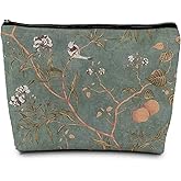 ignytiger Vintage Green Floral Bird Makeup Bag,Green Flower Cosmetic Bags for Women, Elegant Botanical Makeup Pounch,Christmas Thanksgiving Birthday Gift Zipper Pouches for Purse