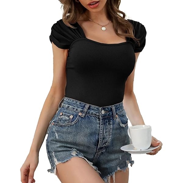 Amazon.com: Women's Square Neck Pleated Knitted Short Sleeve Sexy