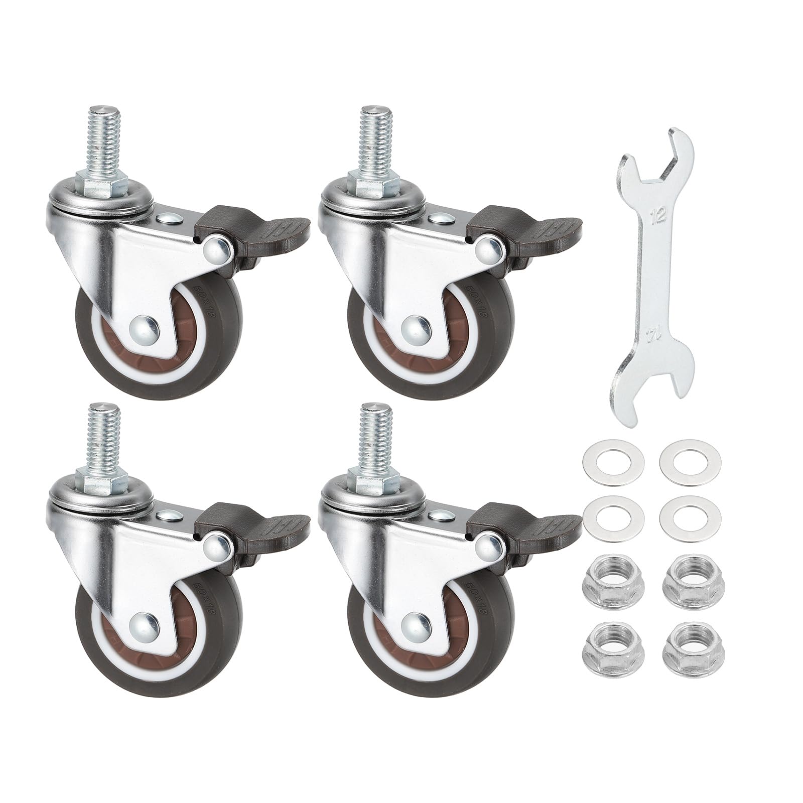 PATIKIL 2 Inch Swivel Caster Wheels with Brake, 4Pcs M10x20mm Threaded Stem Casters Load Capacity 264 Lbs with Tool Set for Furniture Trolley Cart, Brown