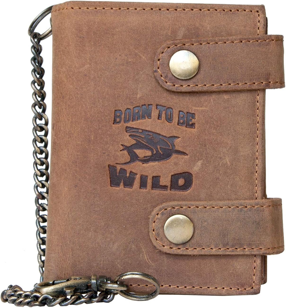 Born to be wild Men's Natural Genuine Leather Wallet with Metal Chain with Shark, Brown
