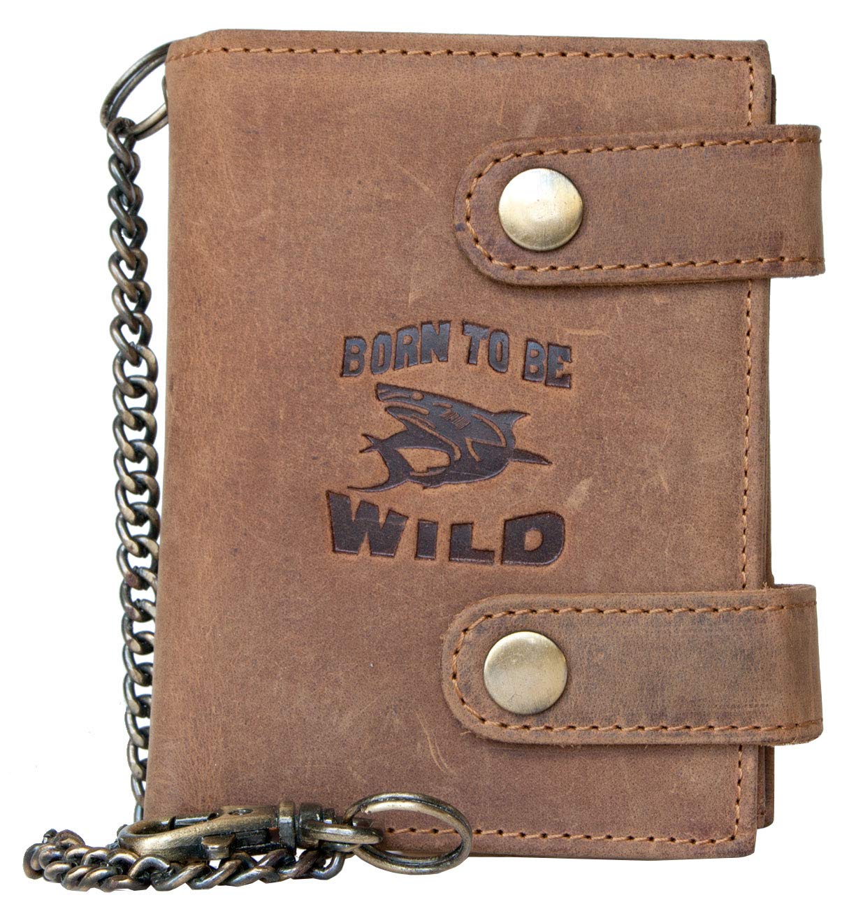Born to be wild Men's Natural Genuine Leather Wallet with Metal Chain with Shark
