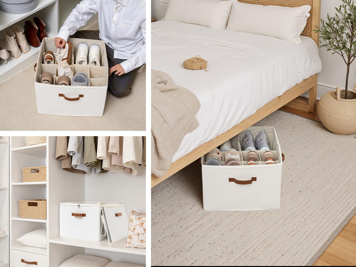 StorageWorks Schuh-Organizer für Schrank, große Schuhorganizer platzsparend für bis zu 16 Paar, Stoff-Schuhkisten mit Griff, stabiler Schuh-Organizer für Stiefeletten, Schuhboxen stapelbar, beige 2