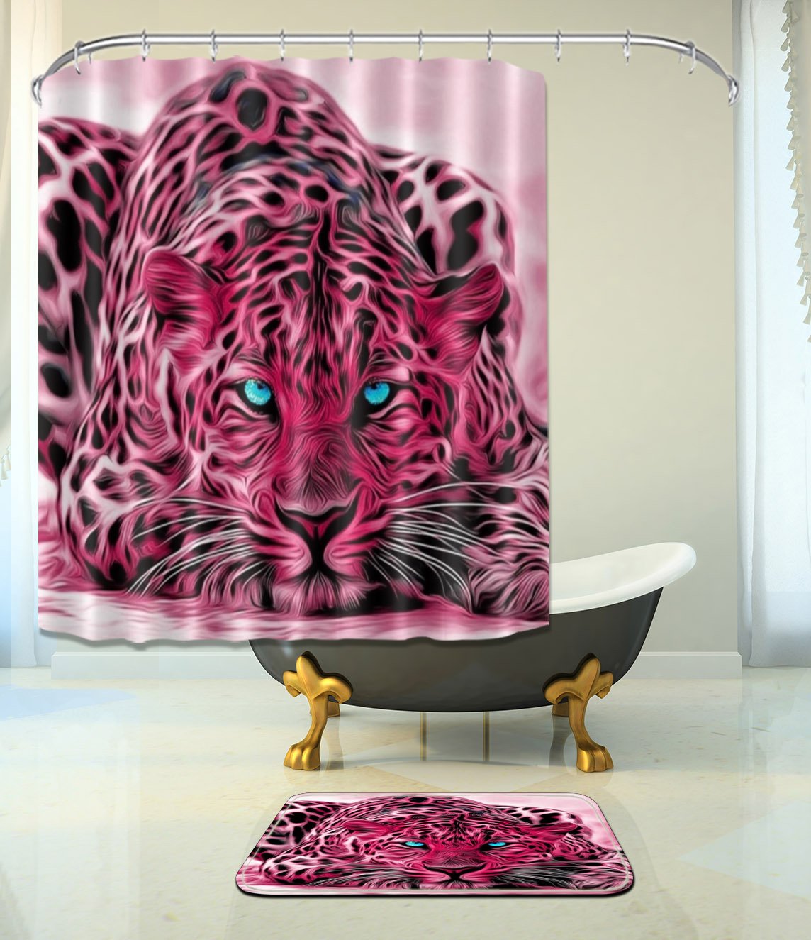 Pink blue eyes leopard constrast shower curtain