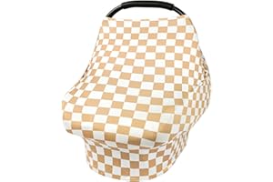 TANOFAR Car Seat Cover for Baby, Multi-Use Cover Carseat Canopy, High Stretchy & Breathable Infant Carseat Cover, Shower Gifts for Unisex Boys and Girls (Light Brown Checkerboard)