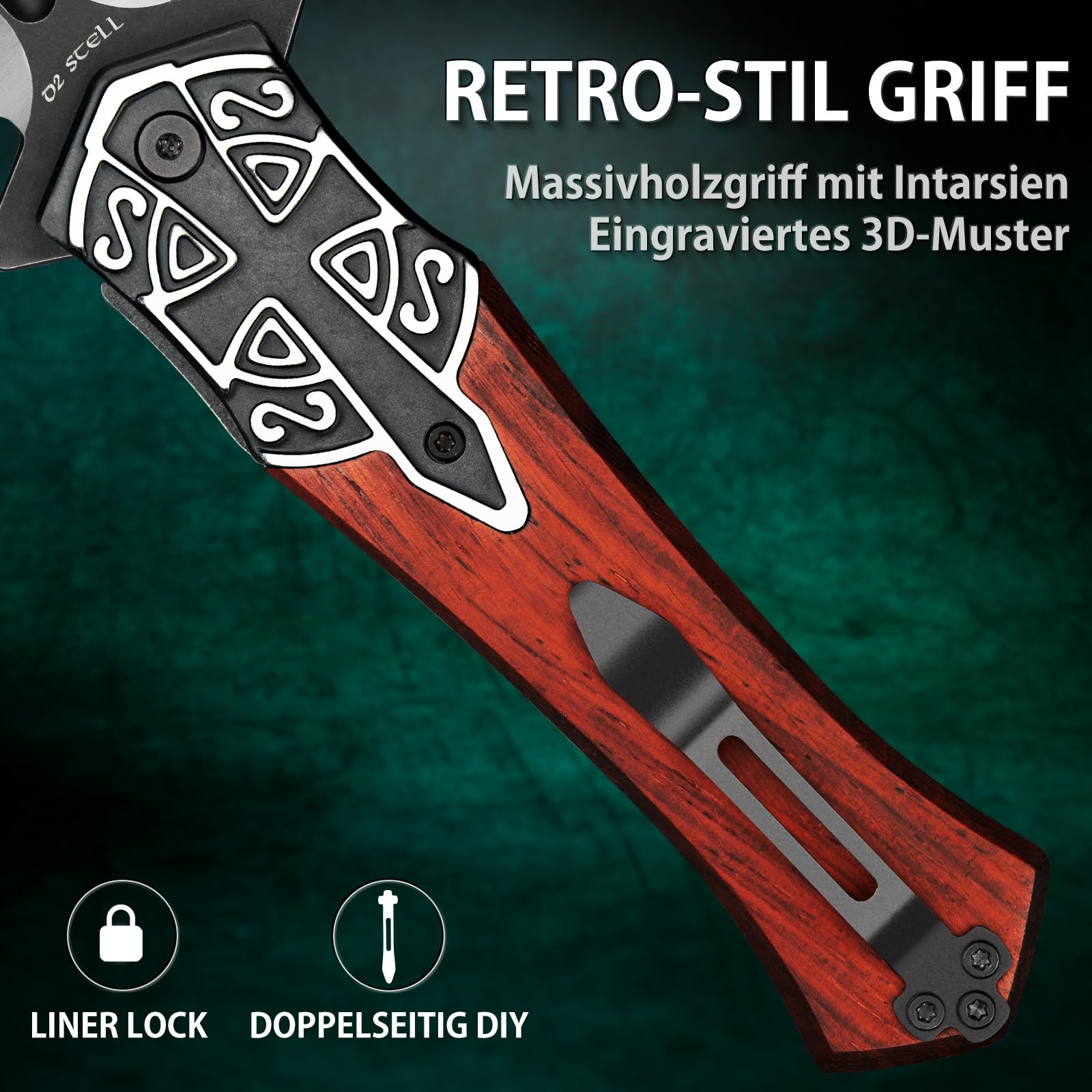 LOTHAR PASTOR 2 Klappmesser, D2 Stahl Einhandmesser mit Gürtelclip, Taschenmesser mit 3D Prägen Reliefgravur, Liner Lock, Geeignet für Sammlung 2