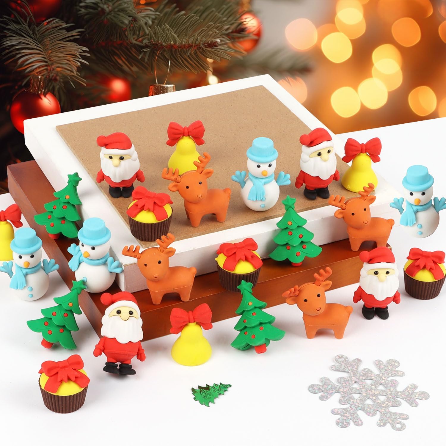 FINGOOO Christmas Pencil Erasers for Kids, 30 Pcs Cute Santa Reindeer Snowman Xmas Tree Cake Bells Erasers for Christmas Party Bag Filler