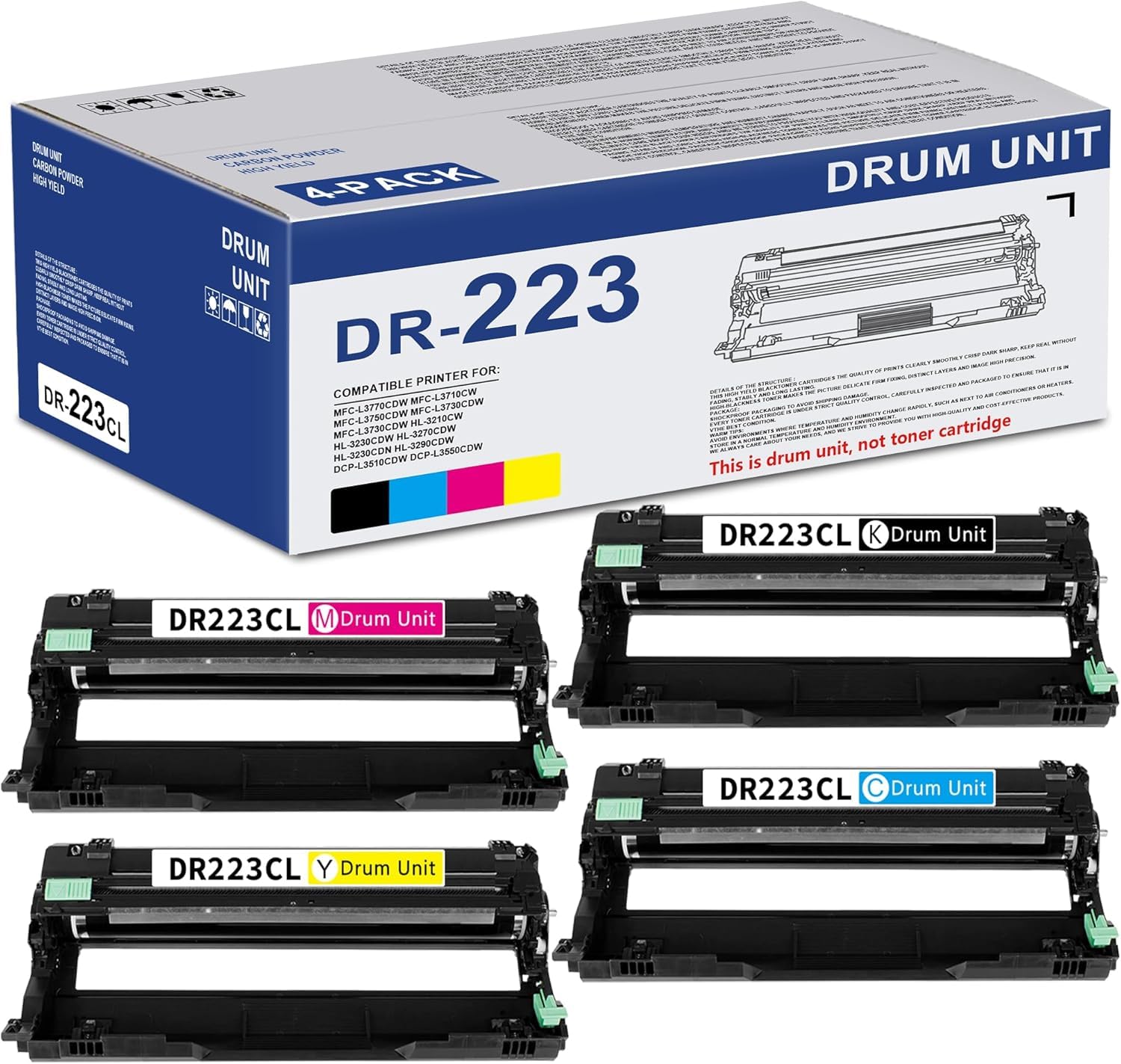 Photo 1 of DR223CL Drum Unit Set 4-Pack (Black, Cyan, Magenta, Yellow) Replacement for Brother DR-223CL Drum Unit MFC-L3770CDW MFC-L3710CW HL-3210CW HL-3230CDW HL-3270CDW HL-3290CDW Printer (Toner not Included)