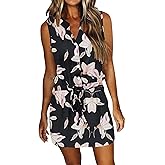 AUSELILY Womens Summer Dresses 2026 Casual V Neck Sleeveless Drawstring Button Mini Dress with Pockets