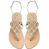 UTIKLIOU Women's Rhinestone Flat Sandals T-Strap Thong Sandals Summer Flat Sandals Flip Flop Sandals for Women