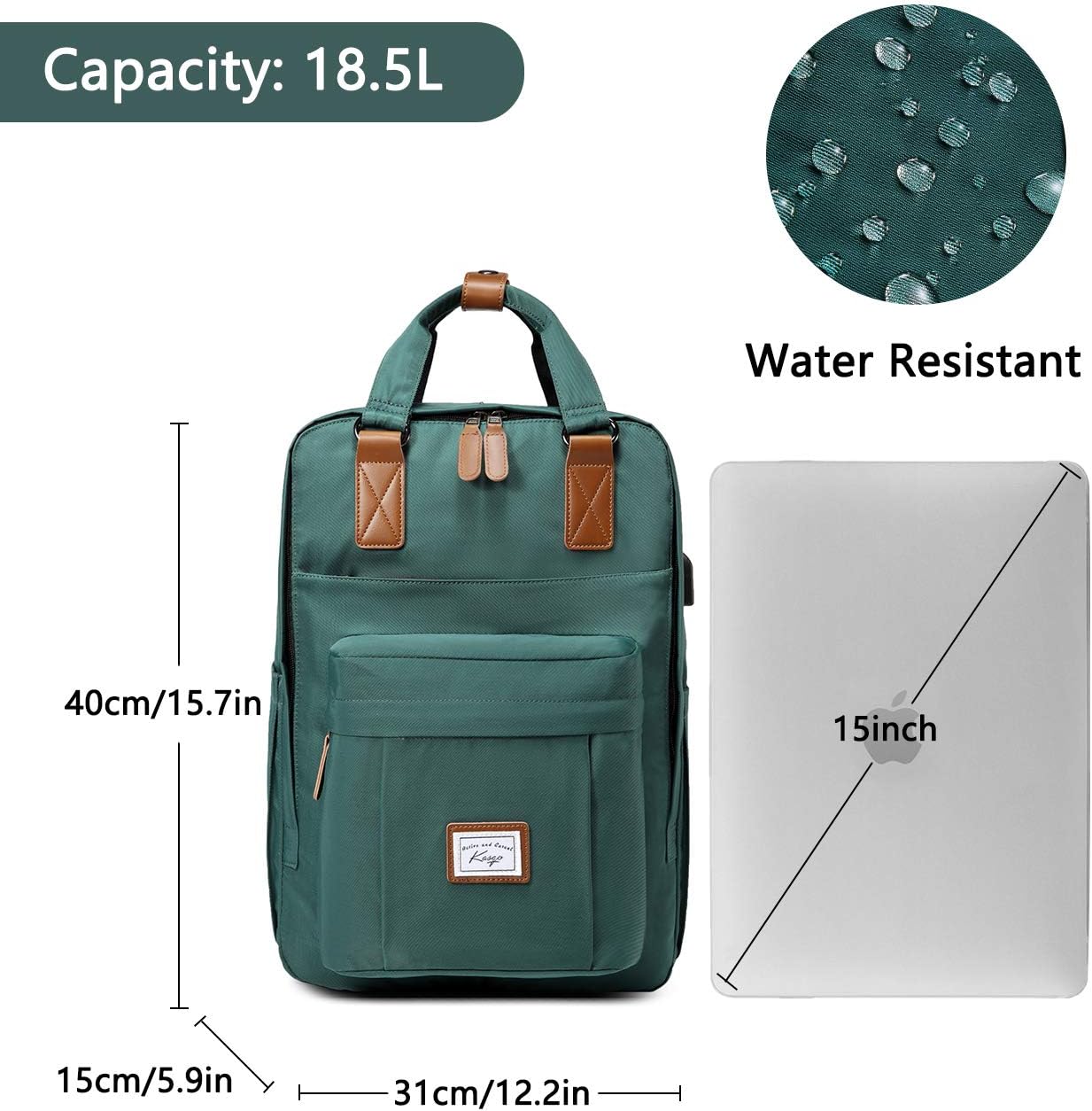 Kasgo School Backpack for Men Water Resistant 15.6 inch Laptop Rucksack with USB Charging Port Bookbag Casual Daypack for Women Teenagers College Travel Work (Dark Green) - Image 4
