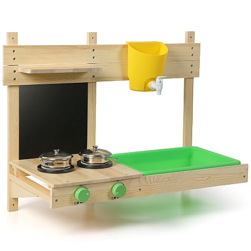 BlueWood Kids Mud Kitchen, Wooden Outdoor Play Kitchen Set with Sink, Cooker, Blackboard, Storage Shelves, 73×32.5×56 cm