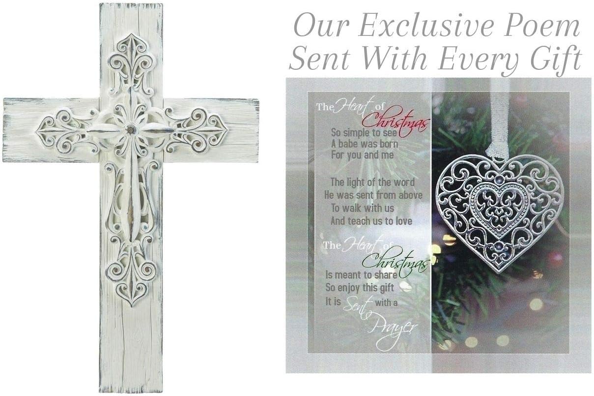Loving Memories Cross Gift for Christmas White Washed Vintage Style Unique Holiday Present to Faithful Friends and Family with Christmas Card and Poem