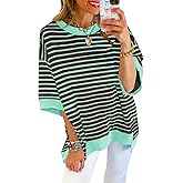 Poetsky Womens Oversized Tops Casual Short Sleeve Striped Shirts Summer Crewneck Pullover Sweatshirt Loose Blouses