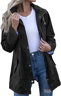 Kikibell Rain Jacket Women Striped Lined Hooded Lightweight Raincoat Outdoor Waterproof Windbreaker