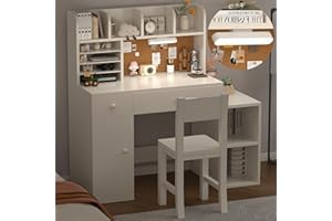 RUPOLX Wooden Lvory White Kids Study Desk and Chair Set, 2 Drawers and 4 Storage Cabinets, Children Desk with 4 Open Hutch and Shelves, Girls Study Desk for Kids Bedroom-005B