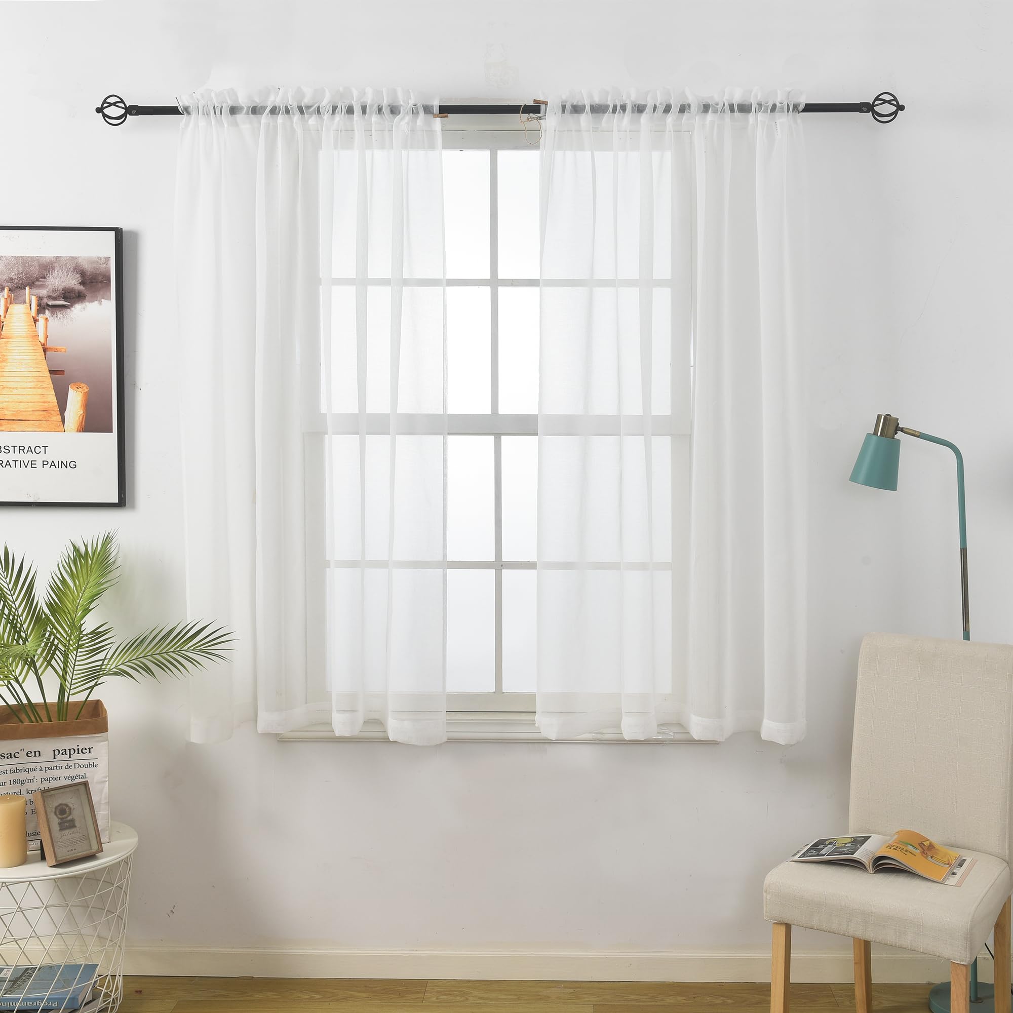 Aquazolax White Voile Curtains for Bedroom Readymade Extra Wide 54 Inch Lightweight Door Window Curtains 2 Panels with Tiebacks, 63" Length/ 137x160cm