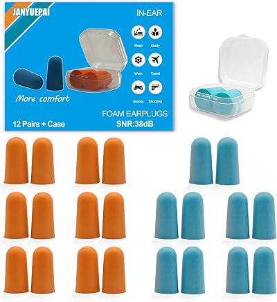 JANYUEPAI 12 Pairs Foam Ear Plugs 38dB SNR Noise Cancelling Blue Orange Case